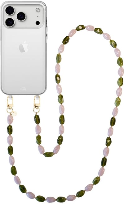xoxo Wildhearts telefoonhoesje geschikt voor iPhone 17 Pro - Rose Quartz (lang koord) - siliconen hoesje met koord - Backcover met telefoonkoord - Telefoonhanger stenen ketting - Groen / Roze