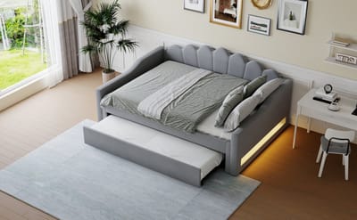 Slaapbank 140x200 Met Uitschuifbed - Tweepersoons Bedbank Met LED Verlichting - Linnen Grijs Logeerbed