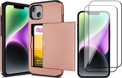 Hoesje met Pasjeshouder geschikt voor iPhone 14 - 2x Screen Protector FullGuard - Back Cover SlideCase Roségoud & Screenprotector
