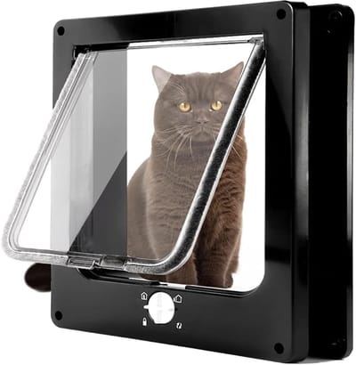 YAGXIG Kattenluik - Vierweg magnetisch kattenluik - Geschikt voor katten en kleine honden - Eenvoudig te installeren - Handmatig schuifbaar huisdierluik - Kan worden gemonteerd op muren/houten/UPVC-deuren - (Zwart, Groot)