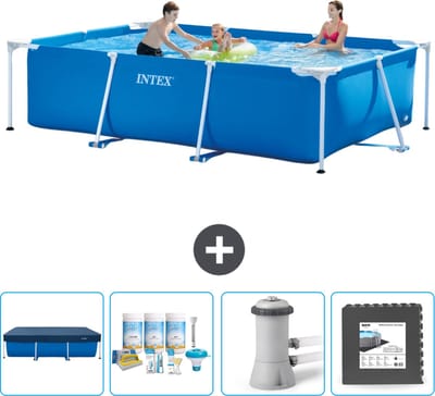 Intex Rechthoekig Frame Zwembad - 300 x 200 x 75 cm - Blauw - Inclusief Afdekzeil - Onderhoudspakket - Zwembadfilterpomp - Vloertegels