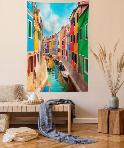ABAKUHAUS Venetië Wandtapijt, Kleurrijke Bouwboten, Woonkamer Slaapkamer Wanddoek Zijdezacht Satijn Wandtapijt, 150 x 200 cm, Meerkleurig