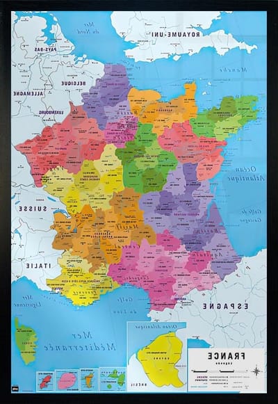 Ingelijste Poster - Kaart Frankrijk - Wanddecoratie - Zwart MDF Houtdecor - 61 x 915 cm - Houtdecor