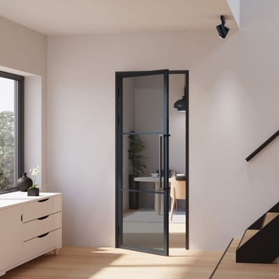 Schulte complete glazen binnendeur - vitré - 90x215 - mat zwart - grijs glas - 3 vakken - links