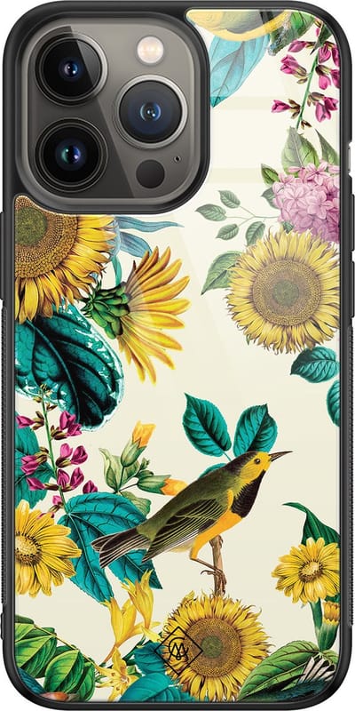 Casimoda® hoesje - Geschikt voor iPhone 13 Pro - Zonnebloemen / Bloemen - Luxe Hard Case Zwart - Backcover telefoonhoesje - Geel