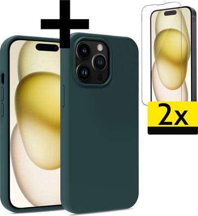 Hoesje - Met 2x Screenprotector - Geschikt voor Apple iPhone 15 Pro - Sterk & Shockproof - Back Cover - Siliconen Case - Telefoon Hoes - Telefoonhoesjes - Donkergroen