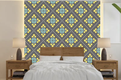 Behang - Fotobehang Design - Ruit - Bloemen - Grijs - Breedte 240 cm x hoogte 240 cm