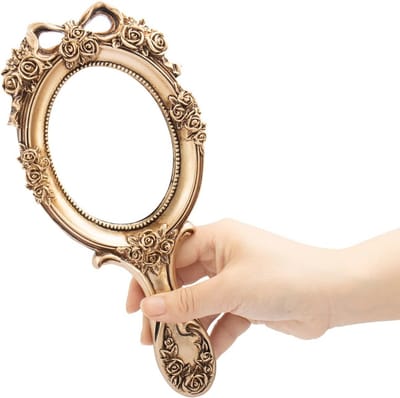 Vintage Handheld Spiegel Met Reliëf Bloem - Decoratieve Make-up Spiegel
