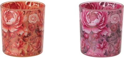 J-Line theelichthouder Bloemen - glas - oranje/roze - small - set van 2