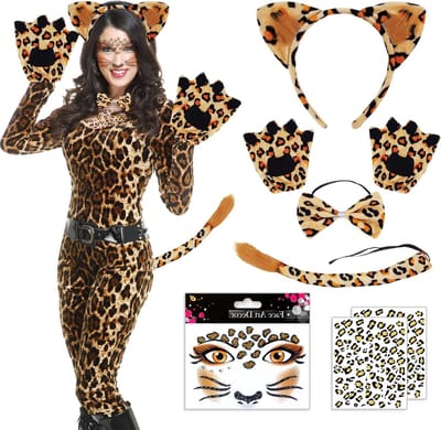 Leopard Kostuumset met Oren, Staart, Strik en Handschoenen voor Halloween en Verkleedfeest