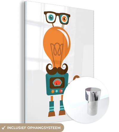MuchoWow® Glasschilderij 120x160 cm - Schilderij acrylglas - Robot - Bril - Gloeilamp - Snor - Kinderen - Jongens - Foto op glas - Schilderijen