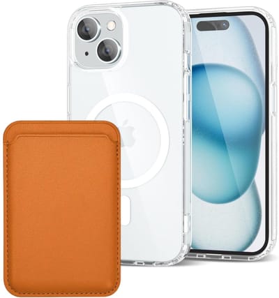 Shockproof Anti Shock Back Cover Hoesje Compatibel met MagSafe Geschikt voor: Apple iPhone 15 met Magnetische Pasjeshouder - Lichtbruin