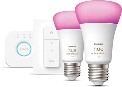 Philips Hue starterspakket E27 Lichtbron met Bridge en 1 x Dimmer Switch - White and Color Ambiance - 2 x 9W - Bluetooth