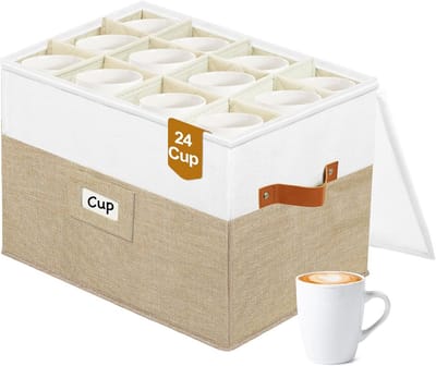 2 Tier Mug Storage Organizer, Padded Cup Storage Box, China Storage Containers for 24 Tea Cups or Coffee Mugs with Clear Hard Lid, Stackable Tea Storage to Move