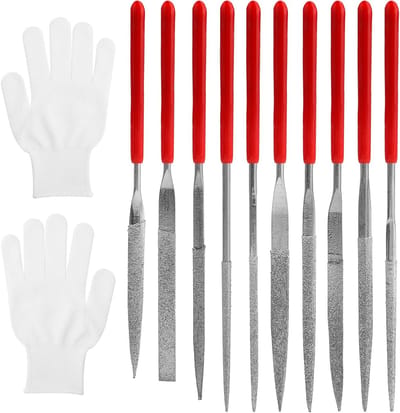 10 Mini Diamantnaalden Vijl Set met Handschoenen - Fijne Naaldvijlen voor Hout, Steen, Metaal en Plastic Modelbouw - 2x100mm Accessoires