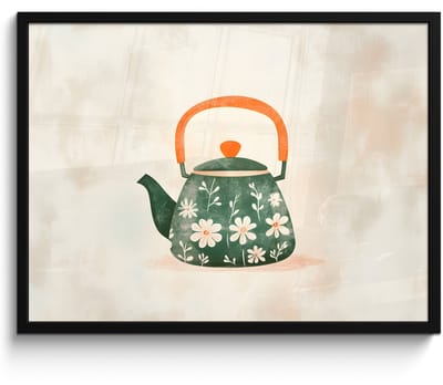 Poster in lijst - Fotolijst 70x50 cm - Posters - Theepot - Groen - Bloemen - Oranje - Posterlijst zwart - Decoratie - Wanddecoratie woonkamer - Muurdecoratie slaapkamer