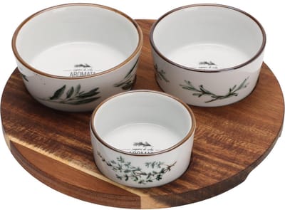 Excellent Houseware serveer schaaltjes op plateau - 3x stuks - Dia 21 cm - aardewerk - kleurenmix - ovenschaaltjes - tapas - voedsel - dessert