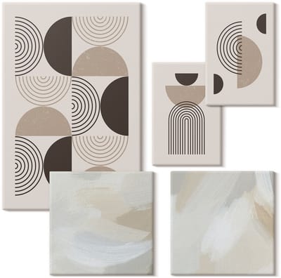 Wallfluent Set van canvas schilderijen - Abstracte geometrische vormen in gedempte kleuren Canvas Schilderijen Set - Set van 5 Canvas Schilderijen - Beige Set van Canvas Prints - Abstractie Canvas Kunst Set - Boheemse Canvas Kunst Set