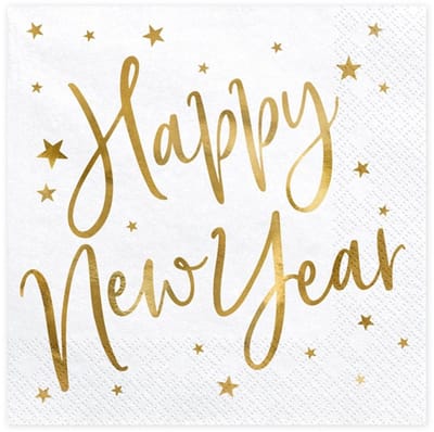 PARTYDECO - 20 Happy New Year papieren servetten wit-goud 33 x 33 cm met sterren