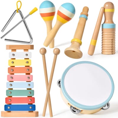 6-in-1 Muziekinstrument voor Kinderen - Houten Speelgoed - Geschikt voor kinderen vanaf 1 jaar, babyschommel, kindertrommel, percussie-instrument, muziekinstrument voor baby's, kerstcadeau voor kinderen van 2, 3, 4 en 5 jaar.