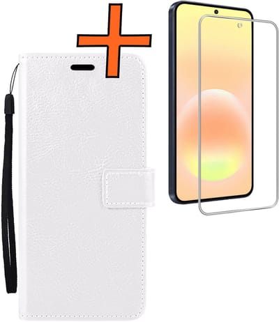 Hoes - Met Screenprotector - Geschikt voor Samsung Galaxy A57 - Luxe Pasjeshouder - Bookcase Portemonee - Flip Case - Kunstleer Book Case - Flipcase - Book Cover - Walletcase - PortemonneeHoes - Wit