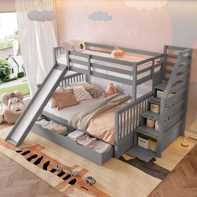 MODFU Etagenbed 90x200 & 140x200 cm – Met glijbaan en lades – Van grenenhout en MDF – Grijs