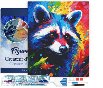 Figured'Art Diamond Painting set Volwassenen 40x50 cm met lijst Kleurrijke Abstracte Wasbeer - 5D DIY Art full drill vierkante diamant - Canvas al ingelijst