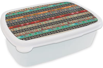 Broodtrommel Wit - Lunchbox - Brooddoos - Patroon - Azteken - Symbolen - Regenboog - 18x12x6 cm - Volwassenen