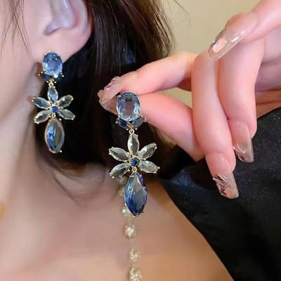 Nieuwe luxe blauwe kristallen bloemdruppel hanger oorbellen delicate elegante mode dames bruiloft verlovingssieraden black