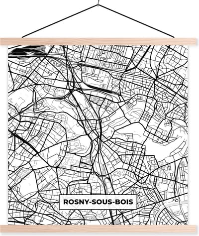 Posterhanger incl. Poster 40x40 cm - Schoolplaat - Plattegrond - Rosny-sous-Bois - Kaart - Frankrijk - Stadskaart - Zwart wit - Textielposter - Blanke latten - Stadskaart