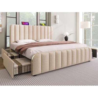 ModernLuxe Bed met lades 180x200cm in linnenstof - met USB & Type-C opladen - versierd met gouden strepen - Beige