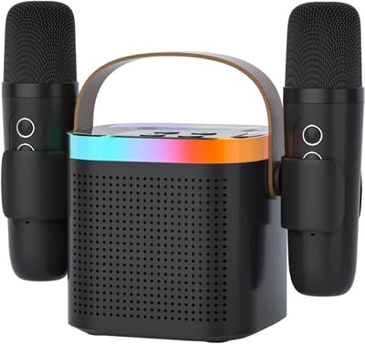 Karaokemachine met 2 draadloze microfoons, draagbare bluetooth karaoke-luidspreker met spraakverandering en led-verlichting voor kinderen en volwassenen, kerstverjaardagscadeau voor familie