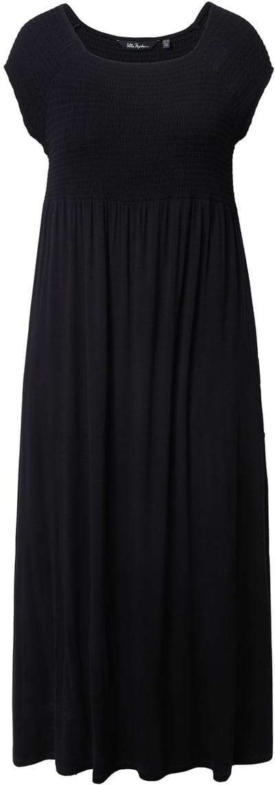 Ulla Popken - Dames - Gesmokte jurk A-lijn carréhals korte mouwen - Zwart - Maat 50+