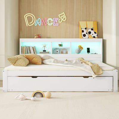 Volwassen bed Gecombineerd bed Nestbed 140x200 cm afstandsbedienbare sfeerverlichting opbergruimte aan de zijkant stopcontact + USB wit