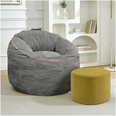 Zitzak Stoel Met Ottoman - Ergonomisch Met Rugleuning En Opbergvak - Voor Woonkamer En Leeshoek - Flanelstof - Grijs