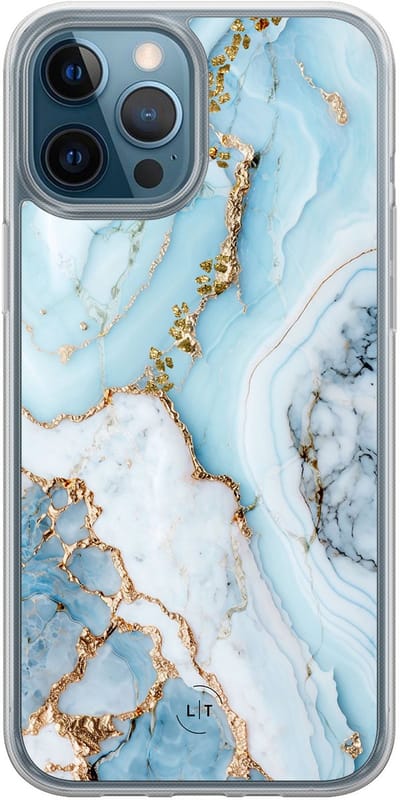 Hoesje geschikt voor iPhone 12 - Marmer babyblauw - 2in1 backcover - Marmer - Blauw - Leuke Telefoonhoesjes