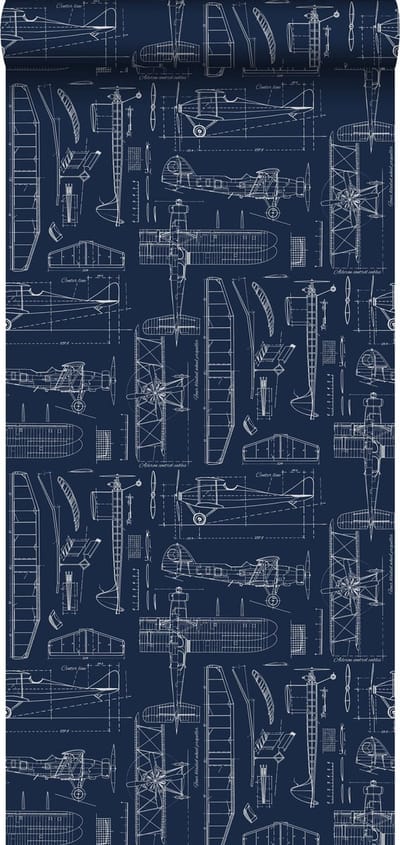 ESTAhome behang constructietekeningen van vliegtuigen donkerblauw - 53 cm x 10.05 m - 128810