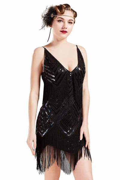 Allecto - Flapper Dress - Cocktail Dress - Sexy V-Hals - Zwart
