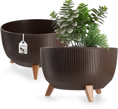 Kadax Bloempot, van kunststof, met drie insteeksteunen, rond, bloemenschaal, plantenbak, bloembak, voor balkon, woonkamer, 40 cm diameter, bruin