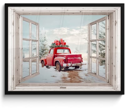 Poster in lijst - Fotolijst 70x50 cm - Posters - Auto - Rood - Cadeaus - Winter - Kerst - Doorkijk - Wit - Posterlijst zwart - Decoratie - Wanddecoratie woonkamer - Muurdecoratie slaapkamer - Kerstversiering - Kerstdecoratie voor binnen - Kerstmis
