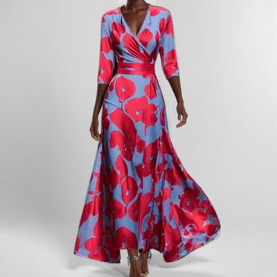Lente Damesjurk Nieuwe Stijl Taille-knuffelend Slank Print V-hals Langemouwen Jurk 2XL