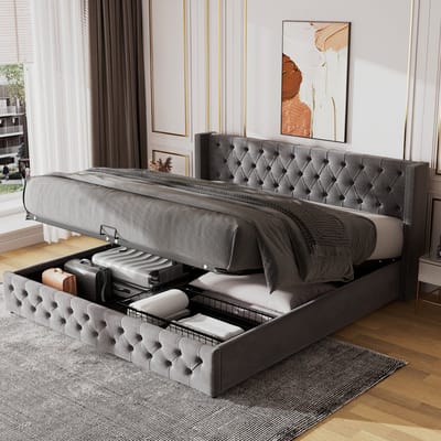 DESMIU Gestoffeerd Bed 180x200cm – Chesterfield Ledikant Met Hydraulische Opbergruimte – Hoofdbord Met Ruitstiksel – Slaapkamer – Fluweel – Grijs – Zonder Matras