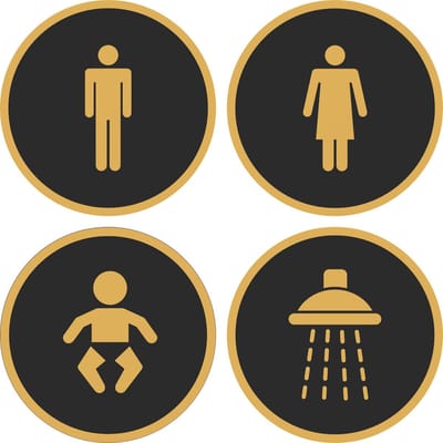 12,5 cm Rond 4 bordjes man-vrouw-baby-douche Zwart - Goud | Toilet - WC bordjes | 125 mm rond 3 mm dik | Zwart Goud | Bio plastic