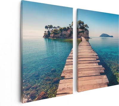 Artaza Canvas Schilderij Tweeluik Pad Op Het Water Naar Een Grieks Eiland  - 80x60 - Foto Op Canvas - Canvas Print