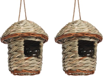 2-stuks Hangend vogelhuisje - Geweven vogelnest - Broedverblijf - Tuinbenodigdheden - Geweven van gras en rotan - 12x8x15cm - Geschikt om op te hangen in de voortuin, op het balkon, in de achtertuin of op het terras - Geel