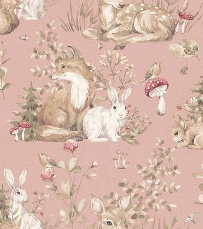 Behang - Kinderkamer – Bosdieren - Beige - Roze - Babykamer - Kinderbehang – Meisjesslaapkamer - Vos- Hert - Konijn - 0,53 x 10,05 M