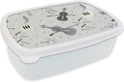 Broodtrommel Wit - Lunchbox - Brooddoos - Patroon - Muziek - Viool - 18x12x6 cm - Volwassenen