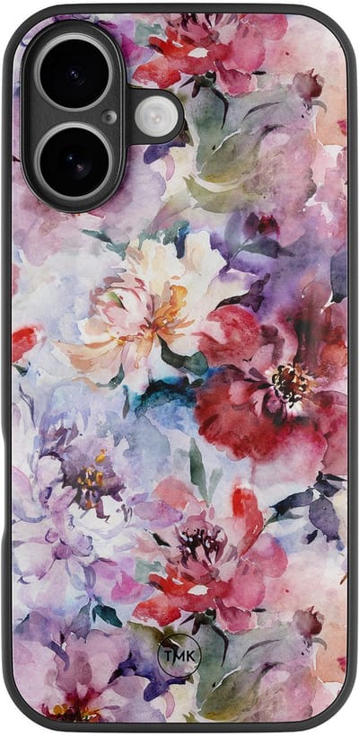 Hoesje geschikt voor Apple iPhone 16 - Bloemen acryl - Paars - TPU luxe case (glossy toplaag) - Bloemen - Hardcase backcover zwart