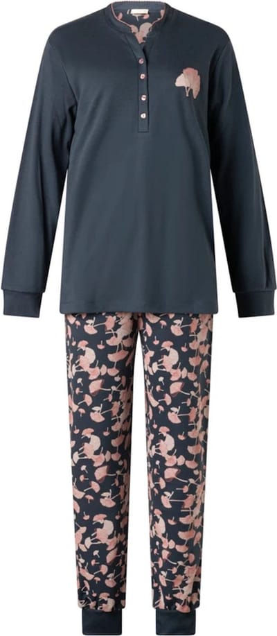 Lunatex dames pyjama interlock - maat M - Herfst bloem uni - marine