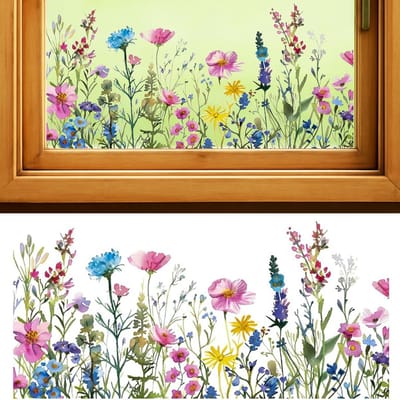 Statische raamsticker, zomerse raamfolie voor matglazen wanden, anti-botsing, levendige bloemen, verwijderbaar, laat geen resten achter, geen lijm, dubbelzijdig voor huis- en kantoordecoratie (2 stuks)|Cyslmuk®
